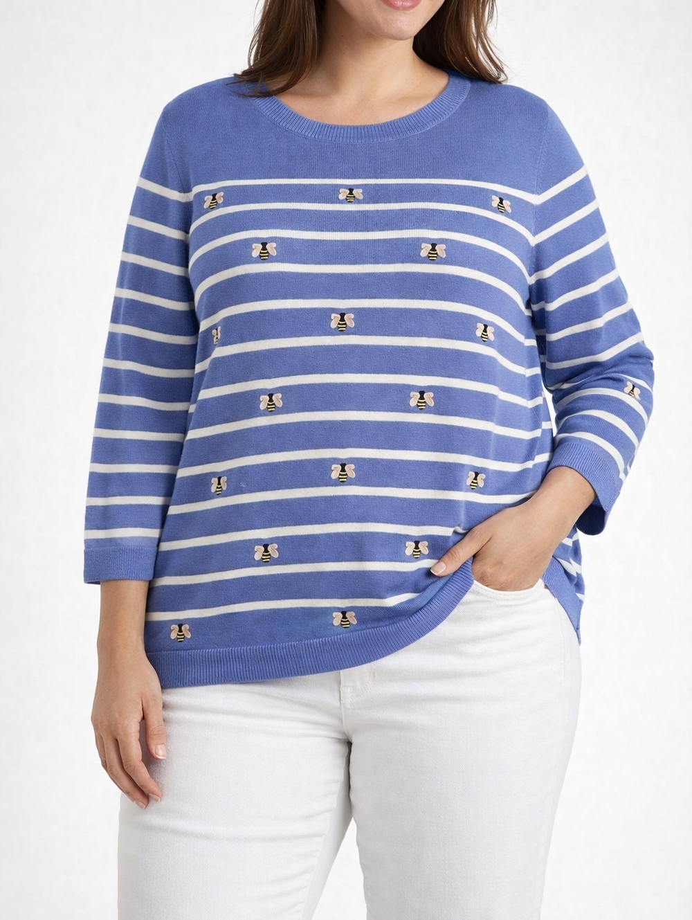 Talbots Bee Sweater Size XLP Light Blue Crewneck Womens XL Petite White Stripes